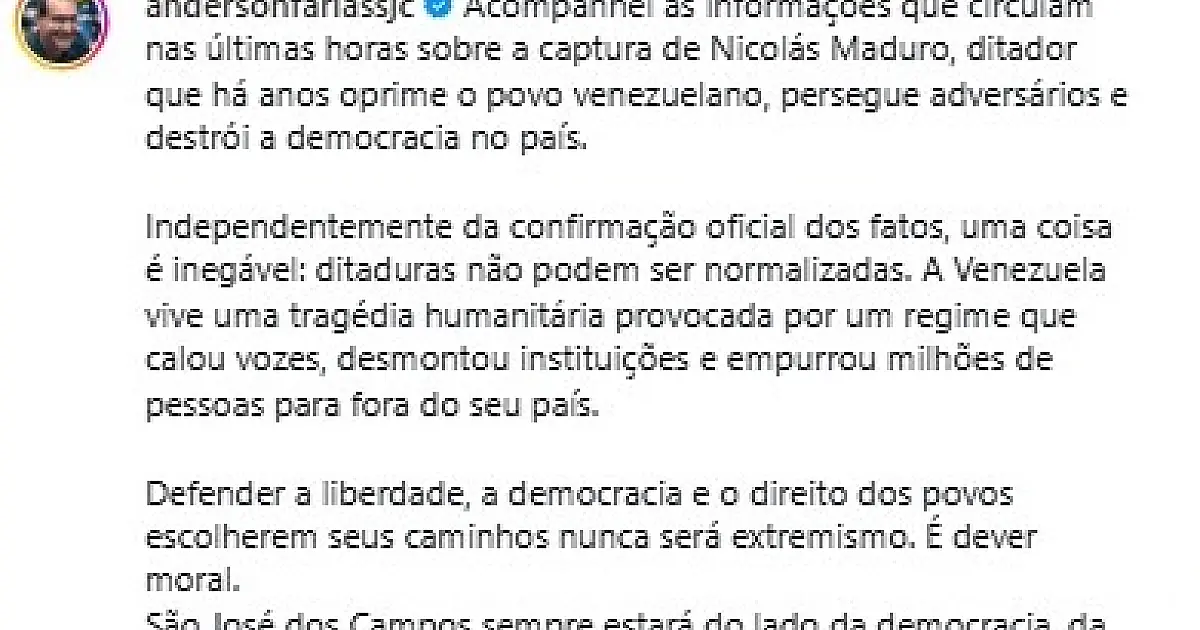 Felício Ramuth e Anderson Farias destacam liberdade e direitos humanos após prisão de Maduro