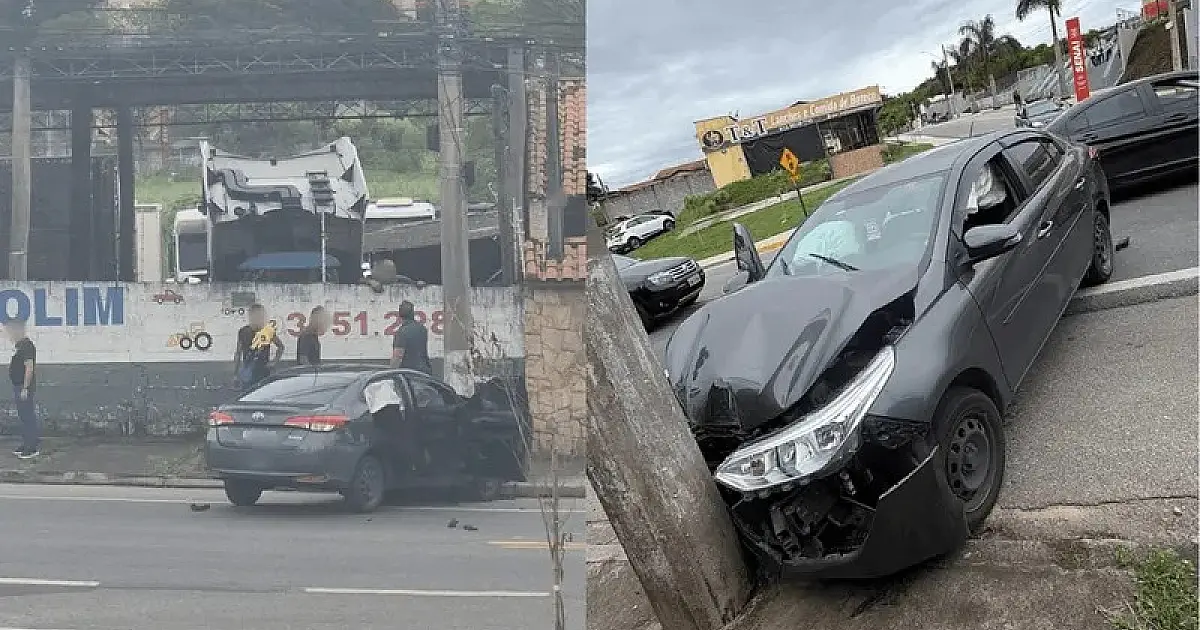 Motorista de 52 anos fica ferido após perder o controle do carro sair da pista e bater em poste em Jacareí