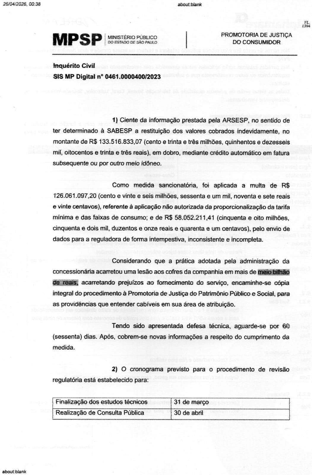 Documento obtido pela reportagem cita valor de multa milionária contra a Sabesp. (Arquivo Pessoal)